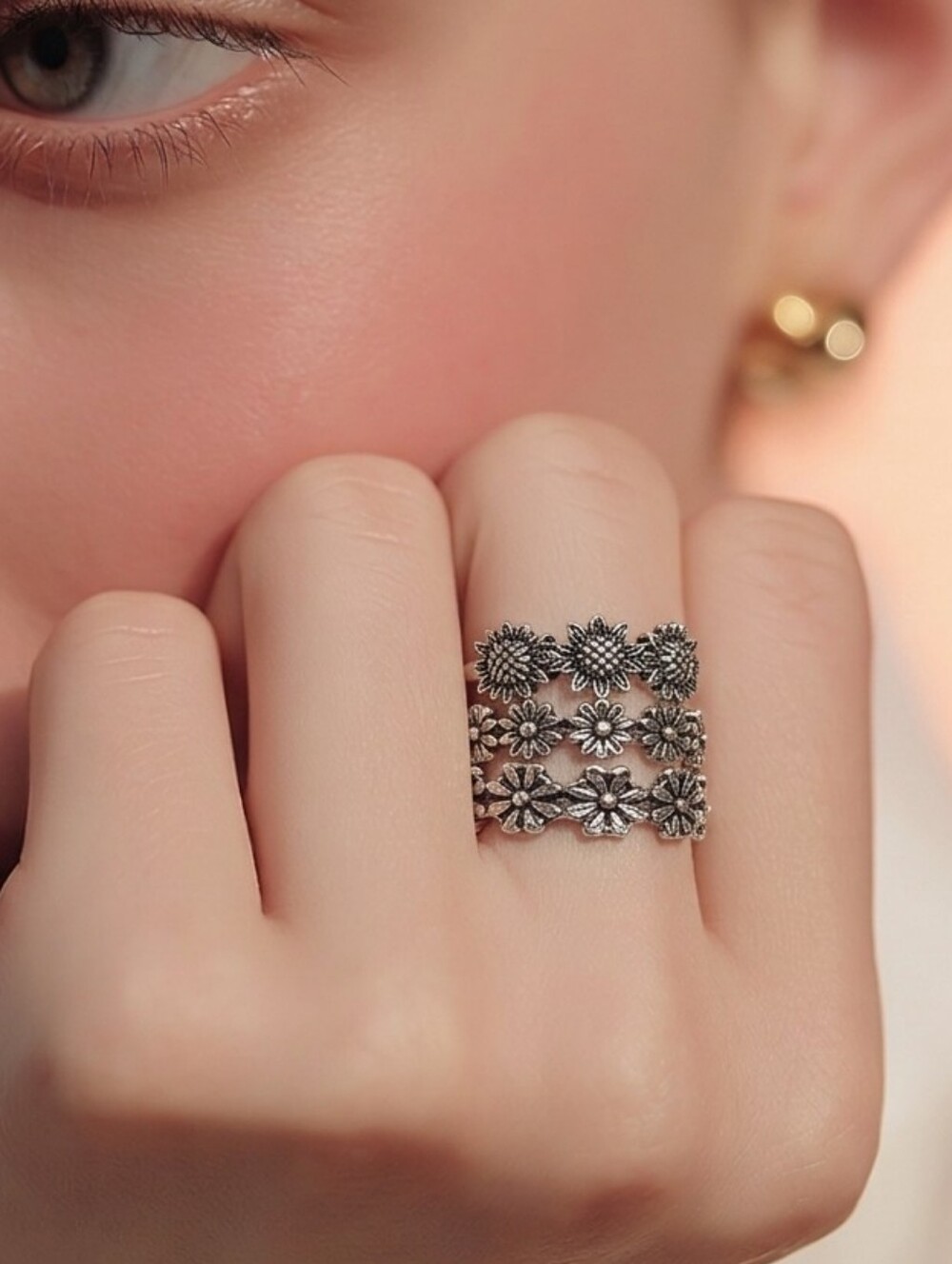 3pc Silver Flower Ring Set Stackable Daisy Floral Boho Cottagecore Adjustable
